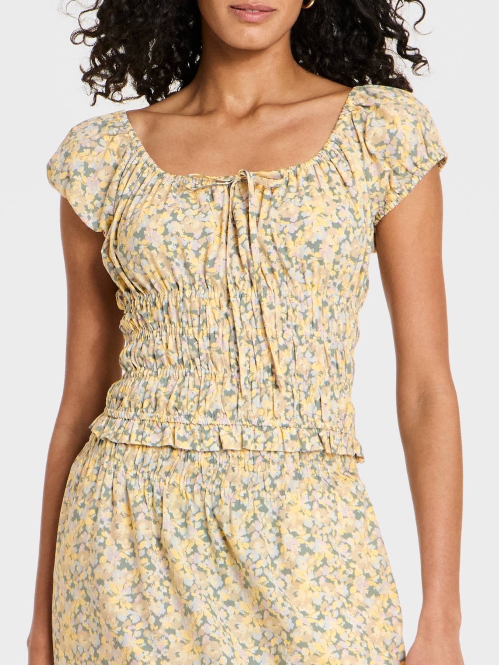 Universal Thread Yellow Floral Smocked Tie-Front Blouse